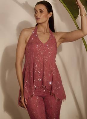 Pink embroidered organza top and pant 2