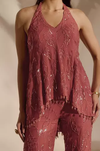Pink embroidered organza top and pant