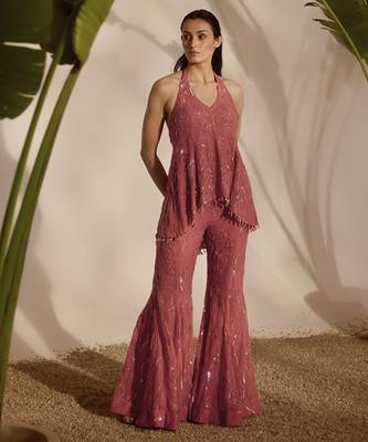 Pink embroidered organza top and pant 4