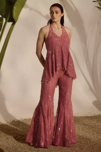 Pink embroidered organza top and pant
