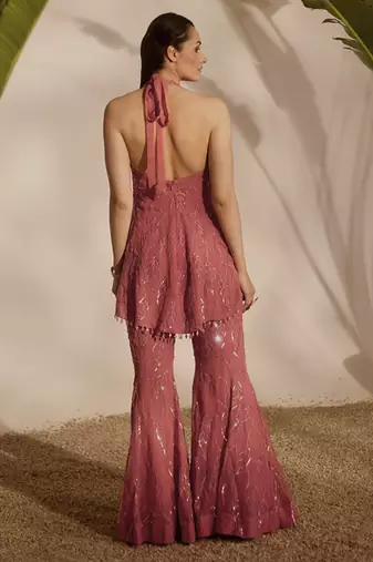 Pink embroidered organza top and pant