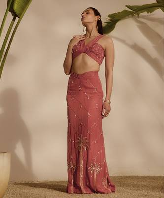 Pink embroidered organza blouse with sharara 4