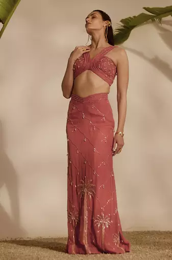 Pink embroidered organza blouse with sharara