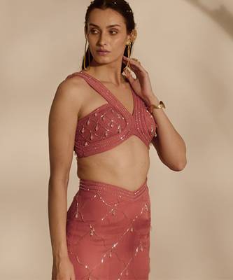 Pink embroidered organza blouse with sharara 5