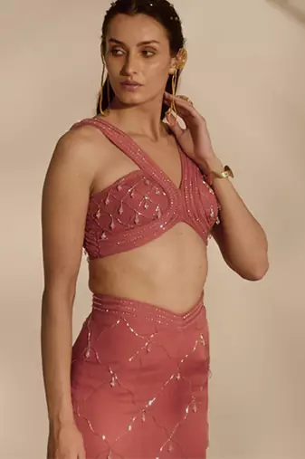 Pink embroidered organza blouse with sharara