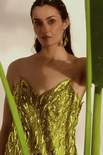 Green embroidered net gown
