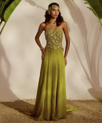 Green plain organza lehenga with embroidered bustier 1