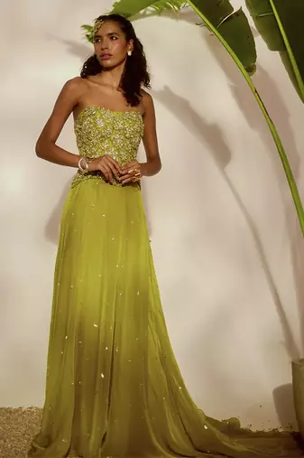 Green plain organza lehenga with embroidered bustier