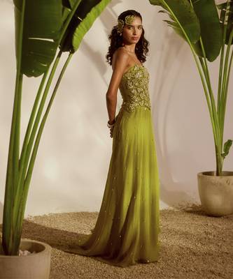 Green plain organza lehenga with embroidered bustier 4