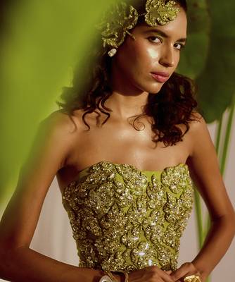 Green plain organza lehenga with embroidered bustier 5