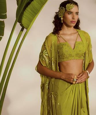 Green plain organza pant paired with embroidered blouse and cape 2