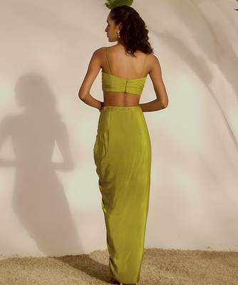 Green plain organza pant paired with embroidered blouse and cape 3