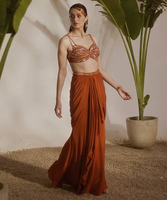 Orange plain crepe skirt with embroidered blouse 1