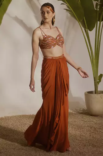 Orange plain crepe skirt with embroidered blouse