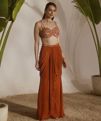 Orange plain crepe skirt with embroidered blouse 2