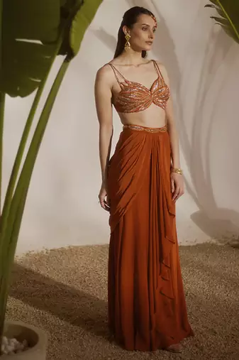 Orange plain crepe skirt with embroidered blouse