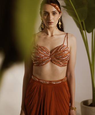 Orange plain crepe skirt with embroidered blouse 4