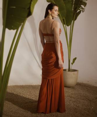 Orange plain crepe skirt with embroidered blouse 5