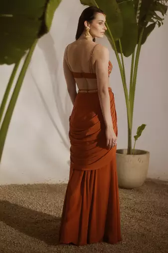 Orange plain crepe skirt with embroidered blouse