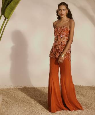 Orange embroidered organza tunic with tube top and sharara pant 1