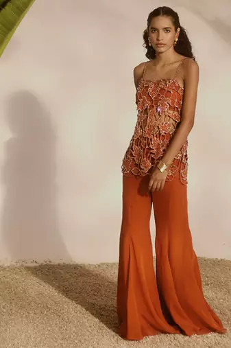 Orange embroidered organza tunic with tube top and sharara pant