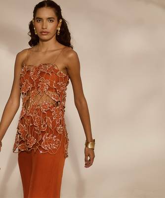 Orange embroidered organza tunic with tube top and sharara pant 2