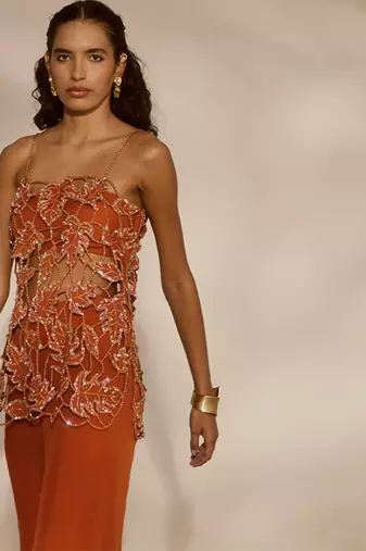 Orange embroidered organza tunic with tube top and sharara pant