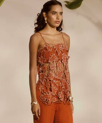 Orange embroidered organza tunic with tube top and sharara pant 3