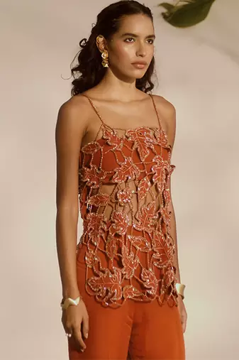 Orange embroidered organza tunic with tube top and sharara pant