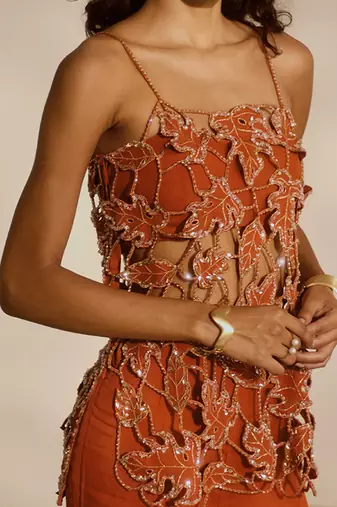 Orange embroidered organza tunic with tube top and sharara pant