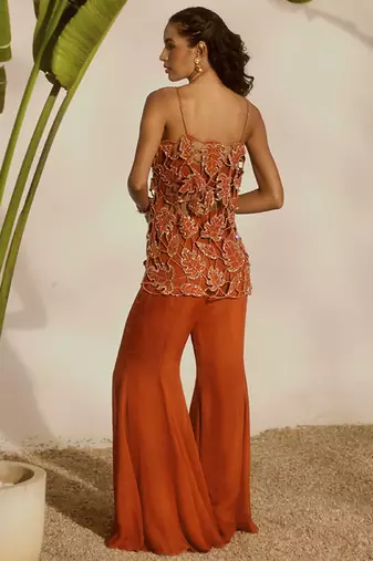 Orange embroidered organza tunic with tube top and sharara pant