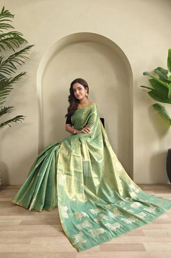 sea green zari tissue weaving saree with all over pichwai pattern
