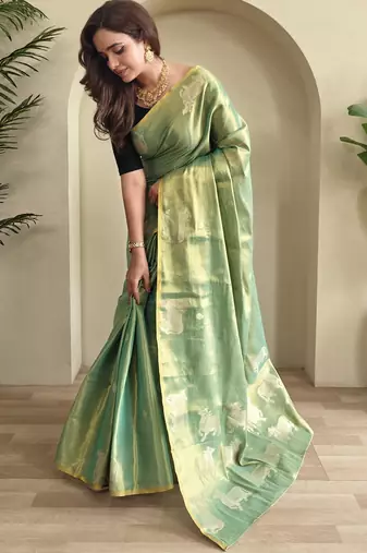sea green zari tissue weaving saree with all over pichwai pattern
