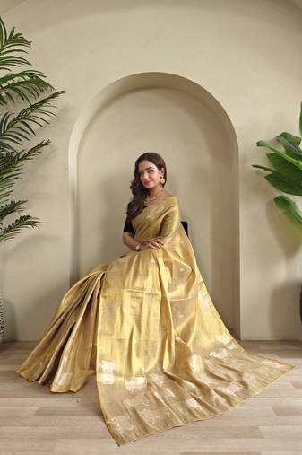 Beige zari tissue weaving saree with all over pichwai pattern