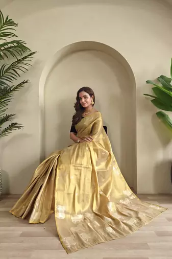 Beige zari tissue weaving saree with all over pichwai pattern