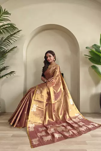onion pink zari tissue weaving saree with all over pichwai pattern