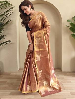 onion pink zari tissue weaving saree with all over pichwai pattern 3