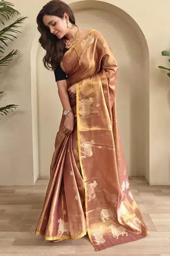 onion pink zari tissue weaving saree with all over pichwai pattern