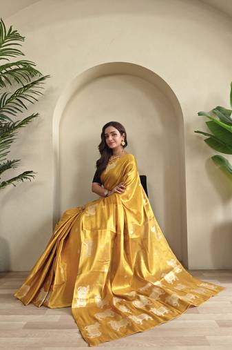 Yellow zari tissue weaving saree with all over pichwai pattern