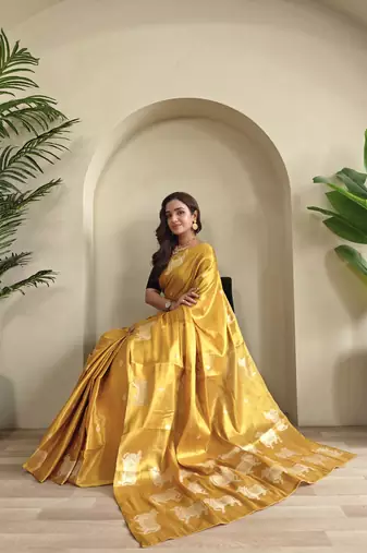 Yellow zari tissue weaving saree with all over pichwai pattern