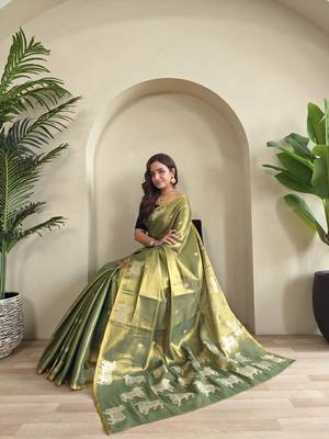 green zari tissue weaving saree with all over pichwai pattern 1