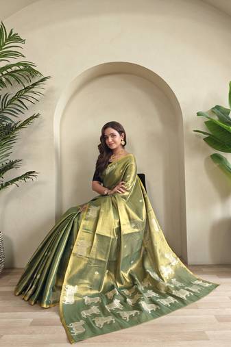 green zari tissue weaving saree with all over pichwai pattern