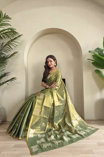 green zari tissue weaving saree with all over pichwai pattern