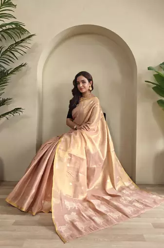 Peach zari tissue weaving saree with all over pichwai pattern
