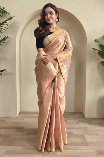 Peach zari tissue weaving saree with all over pichwai pattern
