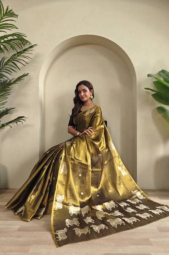 green zari tissue weaving saree with all over pichwai pattern