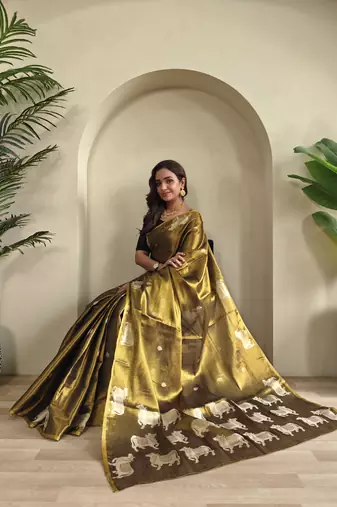 green zari tissue weaving saree with all over pichwai pattern