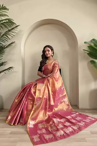 Pink zari tissue weaving saree with all over pichwai pattern