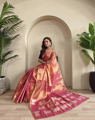 Pink zari tissue weaving saree with all over pichwai pattern 1