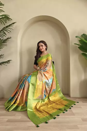 Yellow Printed Georgette Weaving Saree with blouse